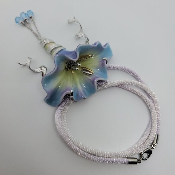 Franz Collection Porcelain Hand Painted Enamel Morning Glory Necklace - Picture 3 of 4